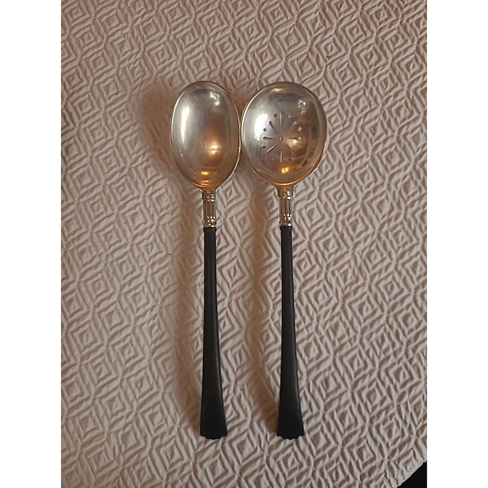 Vintage Gorham Victorian Serving Spoons Slotted Black Scalloped Edge Handles